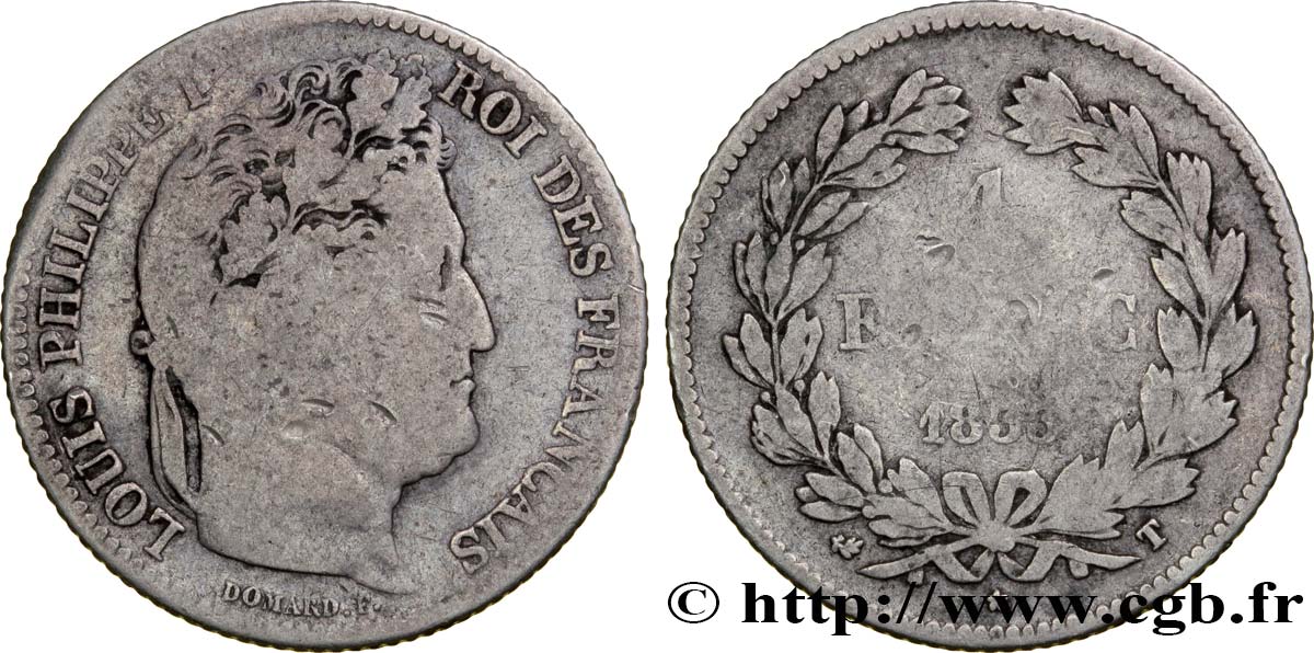 1 franc Louis-Philippe, couronne de chêne 1833 Nantes F.210/25 VG10 