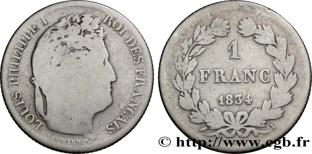 1 franc Louis-Philippe, couronne de chêne 1834 Limoges F.210/32 G5 