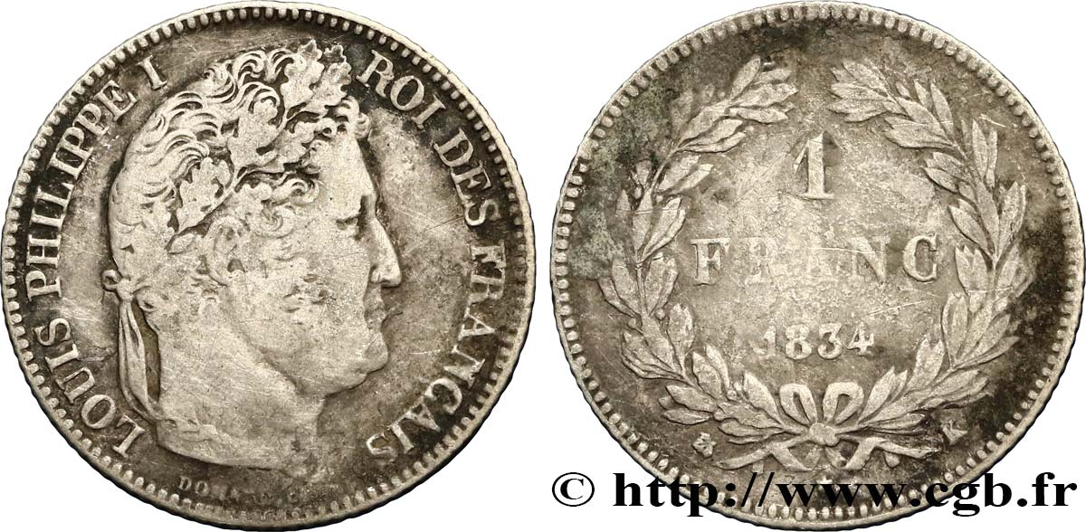 1 franc Louis-Philippe, couronne de chêne 1834 Bordeaux F.210/33 S25 