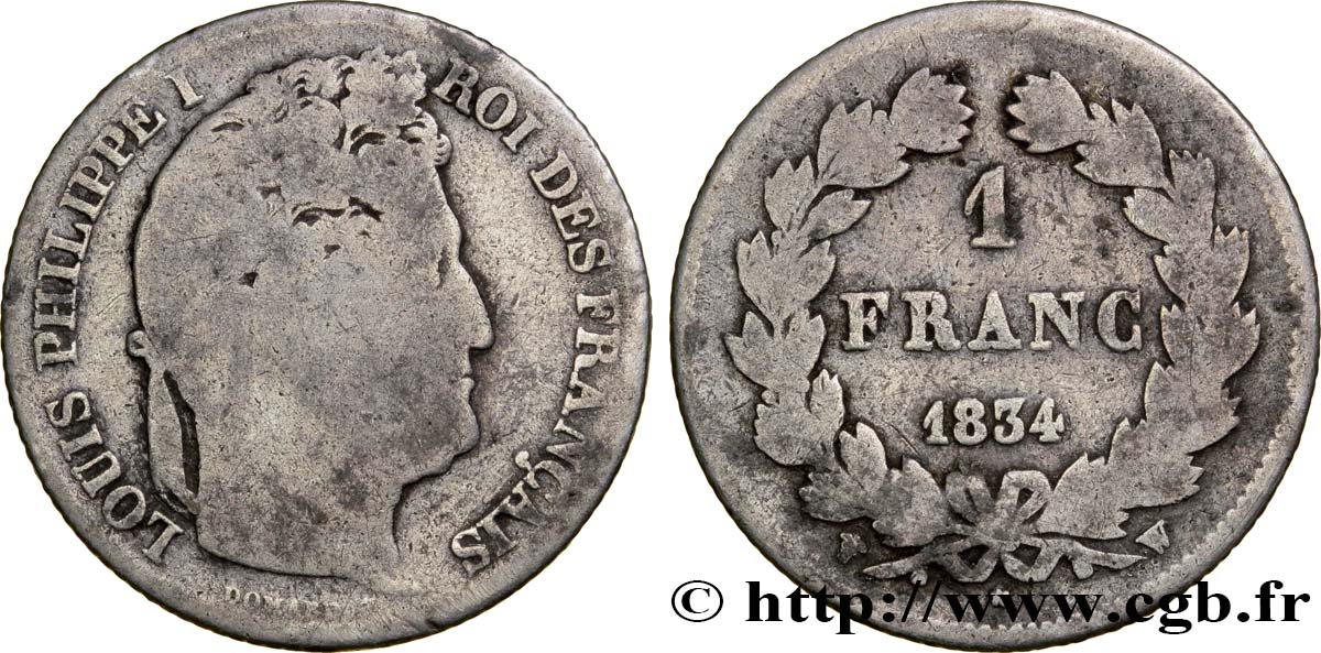 1 franc Louis-Philippe, couronne de chêne 1834 Lille F.210/39 VG8 