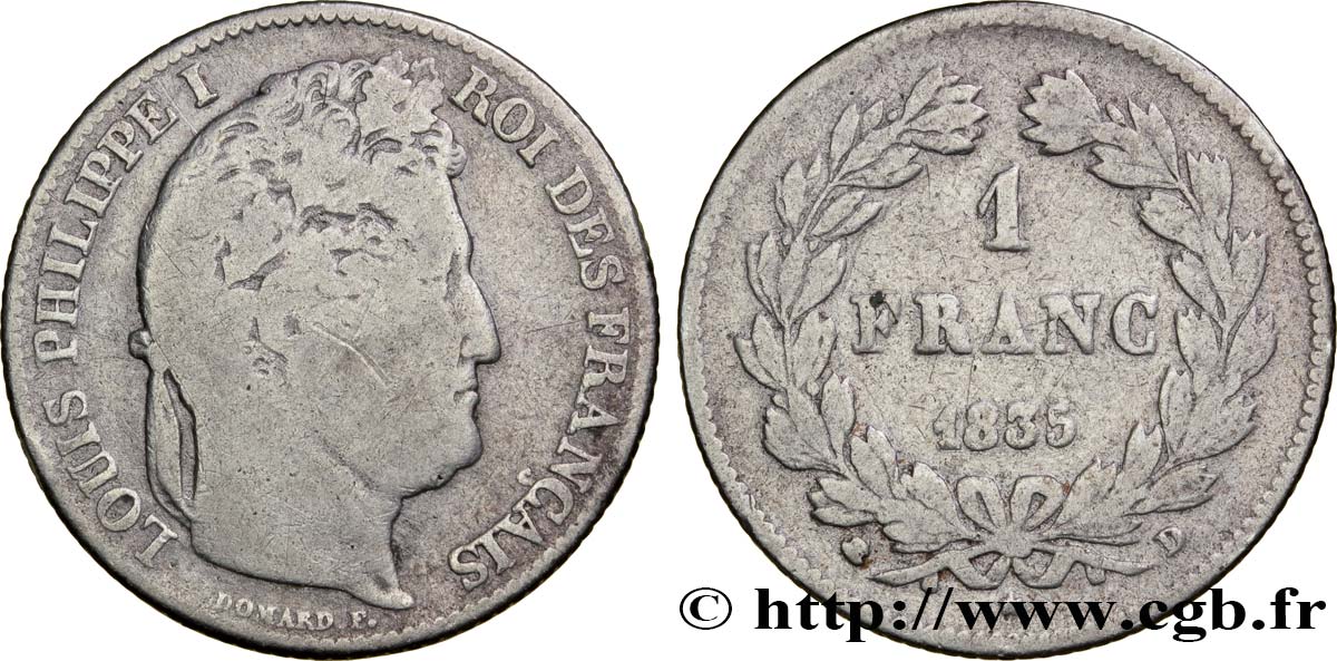 1 franc Louis-Philippe, couronne de chêne 1835 Lyon F.210/42 F12 