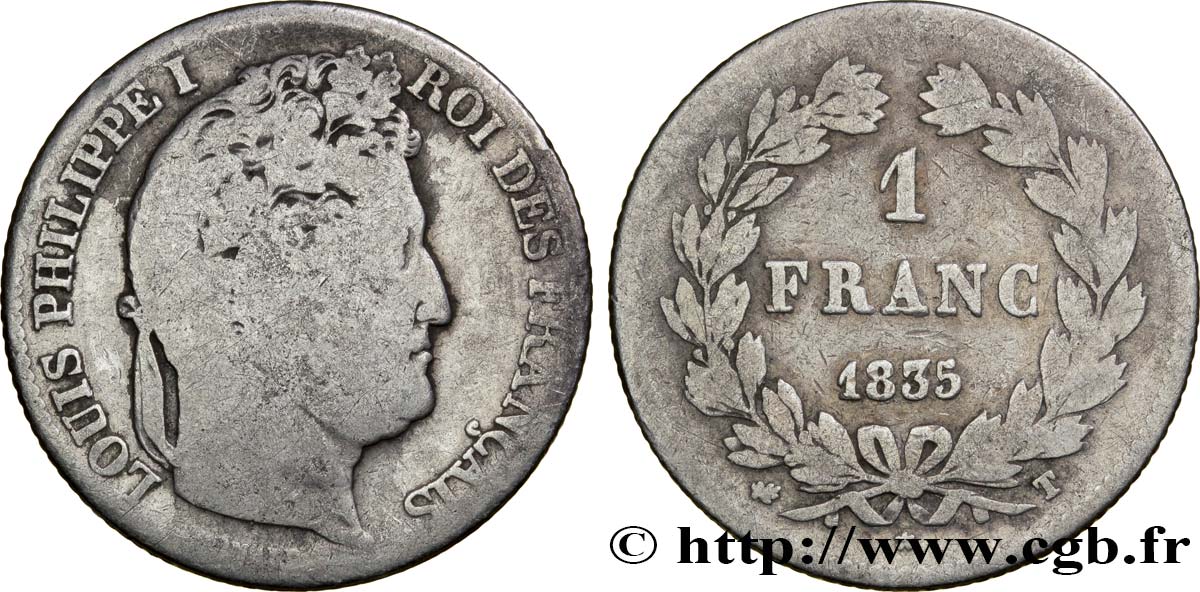 1 franc Louis-Philippe, couronne de chêne 1835 Nantes F.210/48 B10 