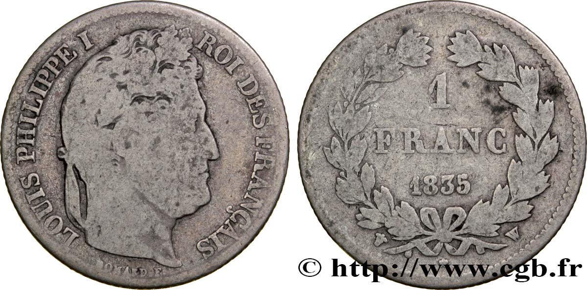 1 franc Louis-Philippe, couronne de chêne 1835 Lille F.210/49 VG10 