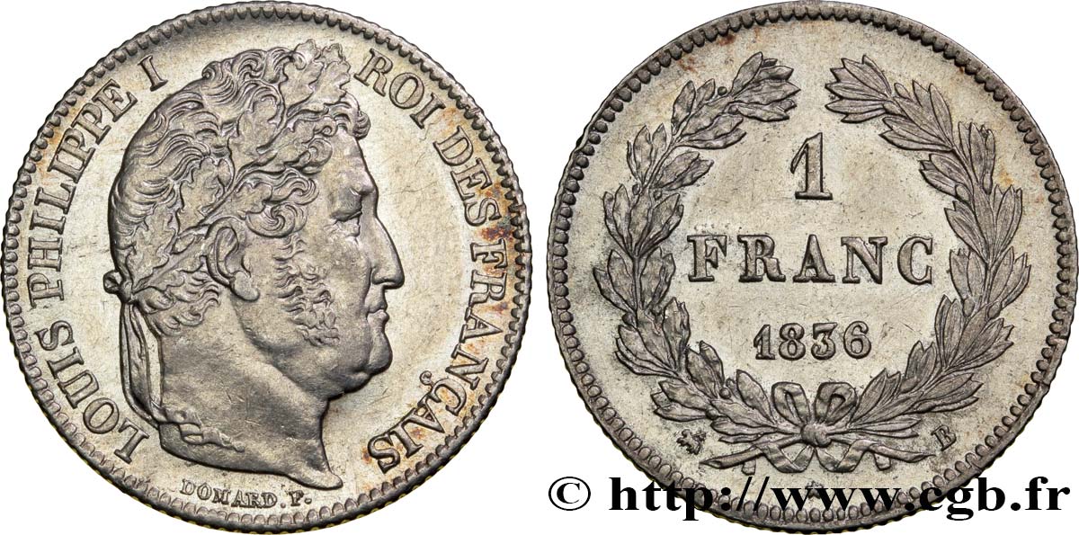 1 franc Louis-Philippe, couronne de chêne 1836 Rouen F.210/51 SUP58 