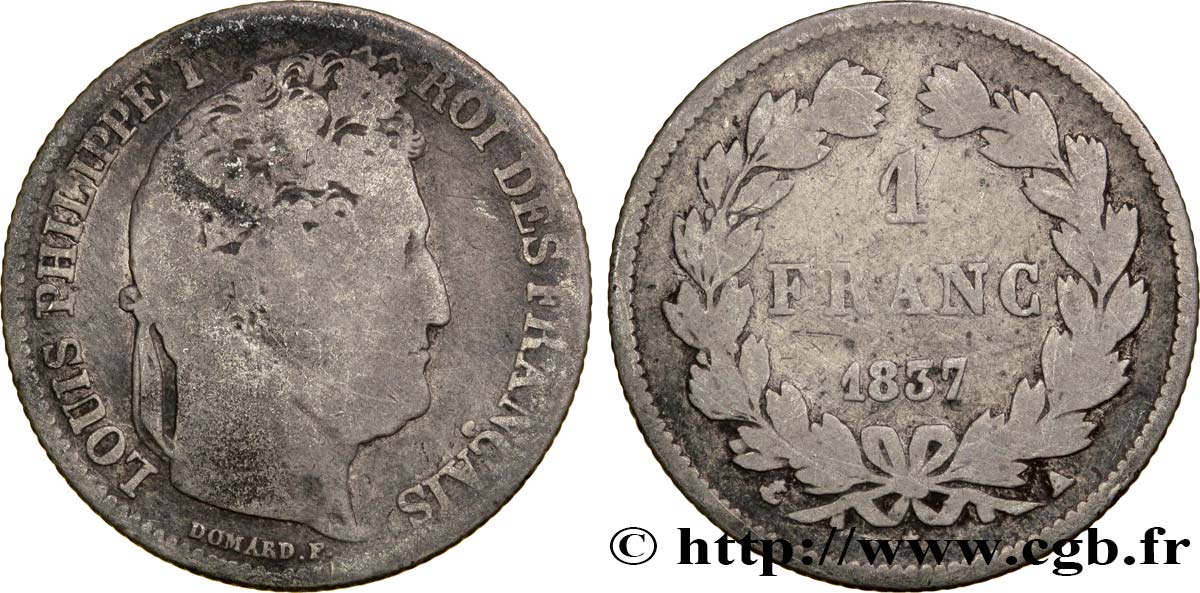 1 franc Louis-Philippe, couronne de chêne 1837 Paris F.210/55 VG8 