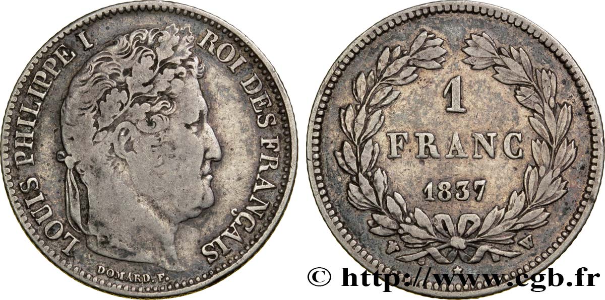 1 franc Louis-Philippe, couronne de chêne 1837 Lille F.210/61 VF20 