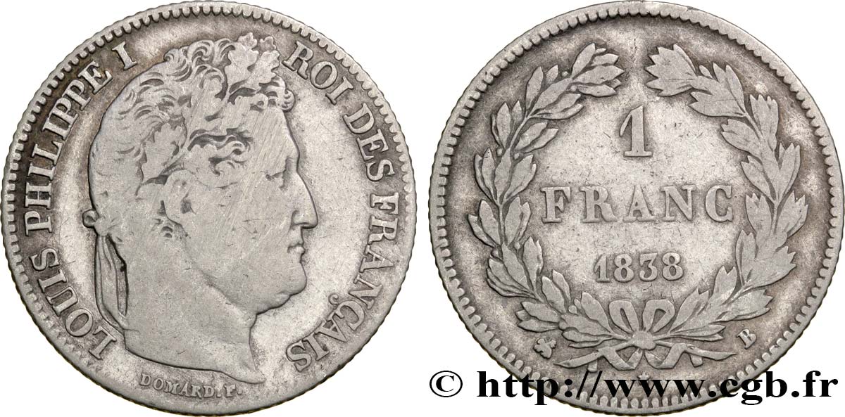 1 franc Louis-Philippe, couronne de chêne 1838 Rouen F.210/63 VF30 