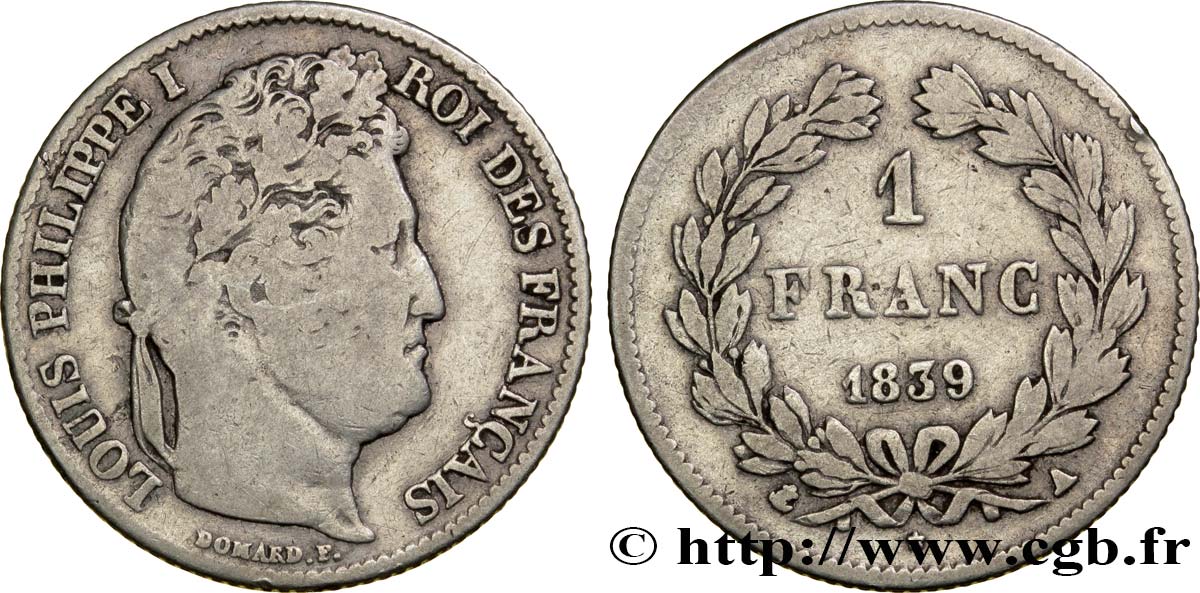 1 franc Louis-Philippe, couronne de chêne 1839 Paris F.210/67 BC18 