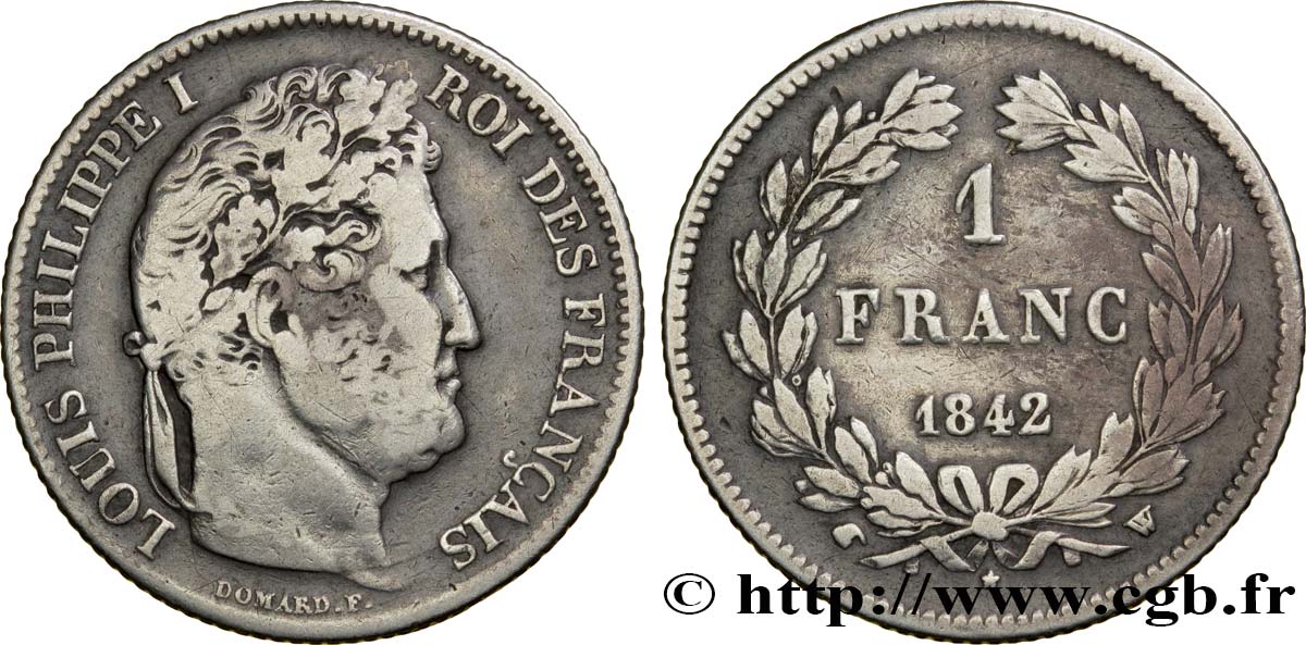 1 franc Louis-Philippe, couronne de chêne 1842 Lille F.210/89 VF35 
