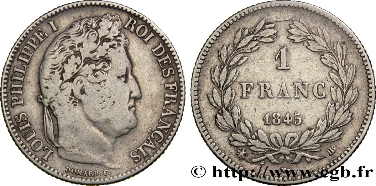 1 franc Louis-Philippe, couronne de chêne 1845 Strasbourg F.210/102 VF28 