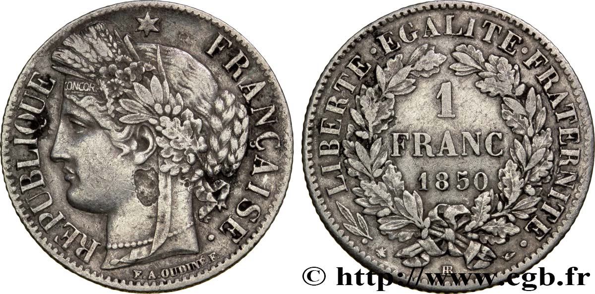 1 franc Cérès, IIe République 1850 Strasbourg F.211/6 XF45 