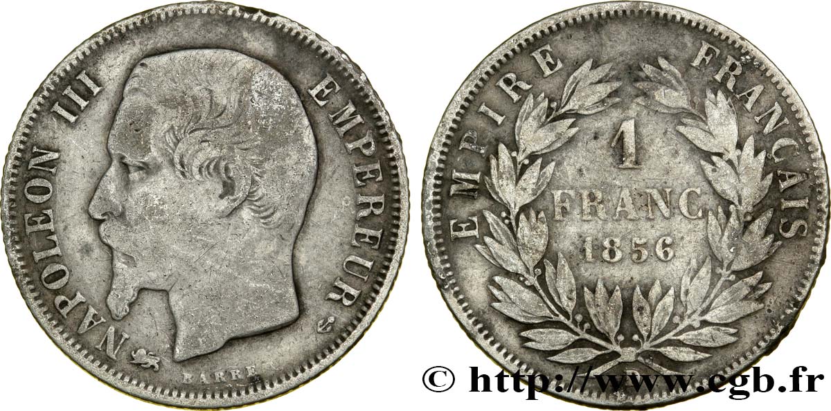 1 franc Napoléon III, tête nue 1856 Lyon F.214/8 TB20 