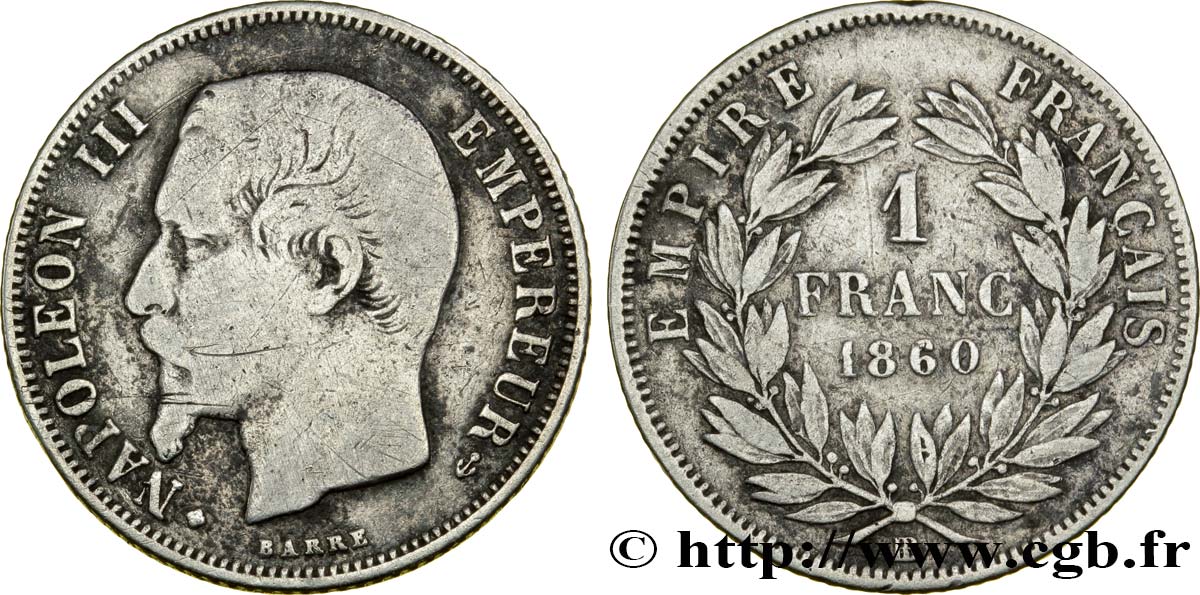 1 franc Napoléon III, tête nue 1860 Strasbourg F.214/19 VF28 