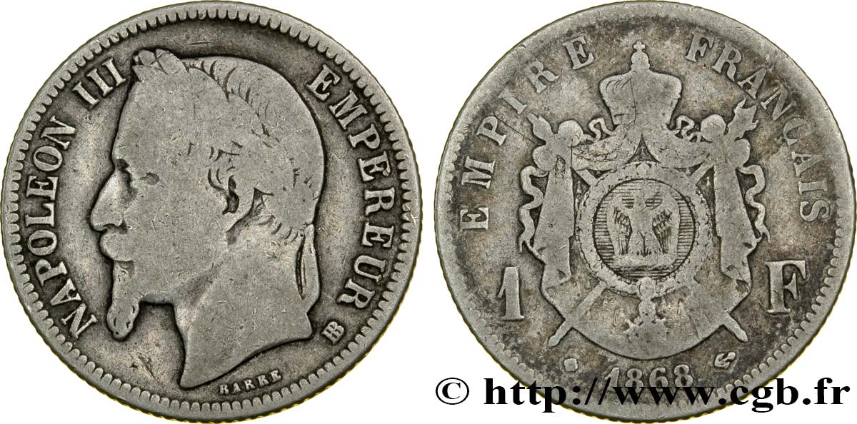 1 franc Napoléon III, tête laurée 1868 Strasbourg F.215/12 VG10 