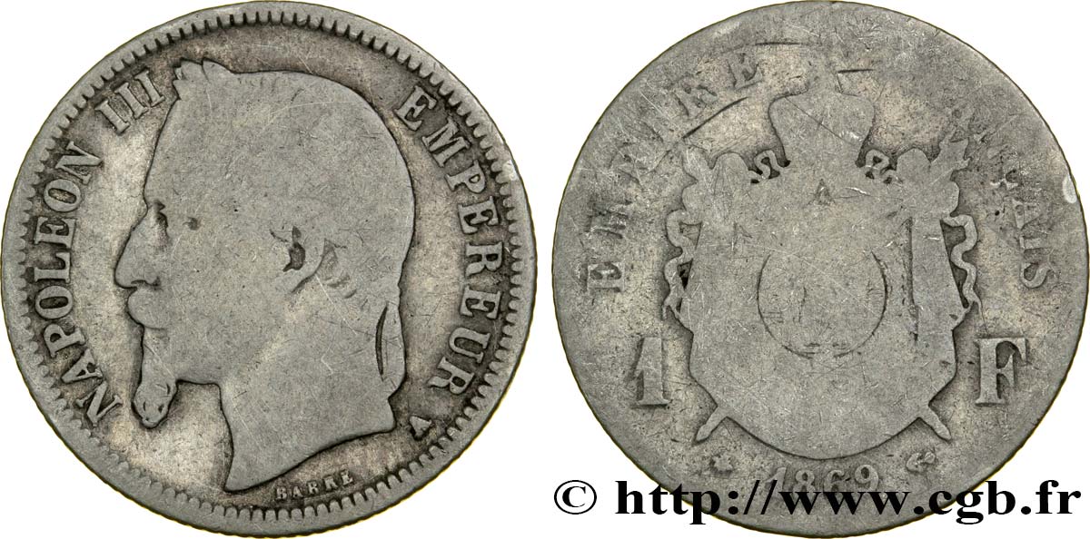 1 franc Napoléon III, tête laurée 1869 Paris F.215/14 G6 