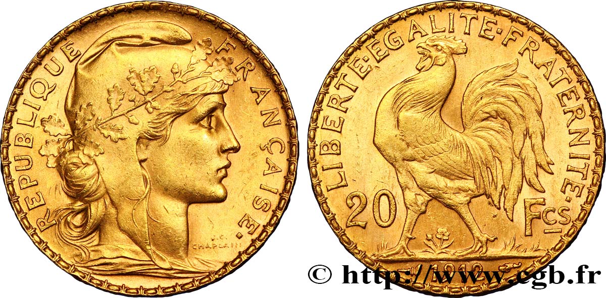 20 francs or Coq, Liberté Égalité Fraternité 1912 Paris F.535/6 AU55 