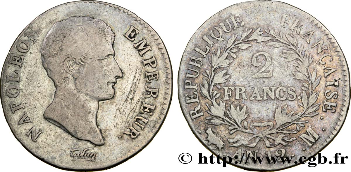 2 francs Napoléon Empereur, Calendrier révolutionnaire 1804 Toulouse F.251/8 TB28 