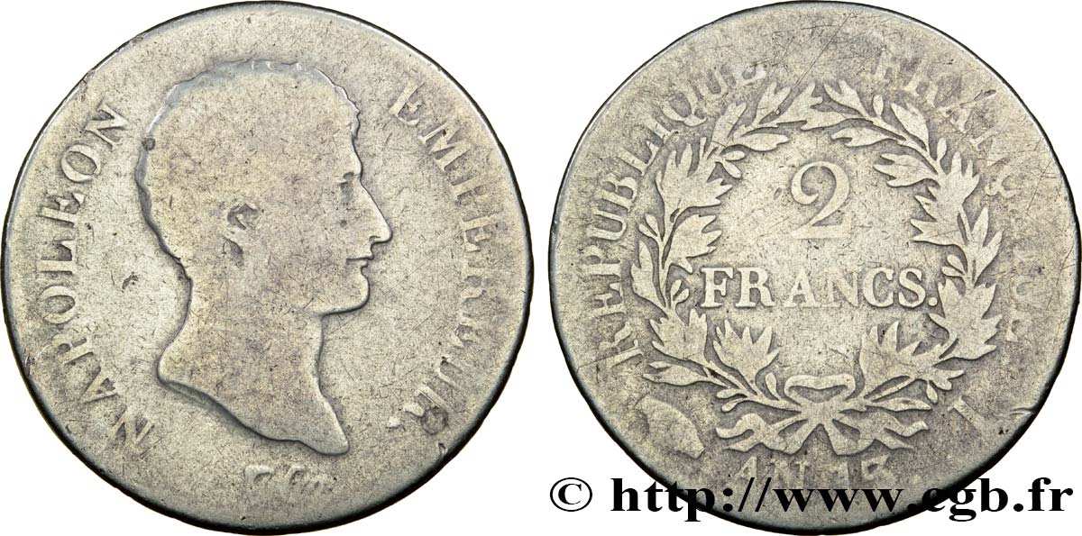 2 francs Napoléon Empereur, Calendrier révolutionnaire 1805 Limoges F.251/17 B12 
