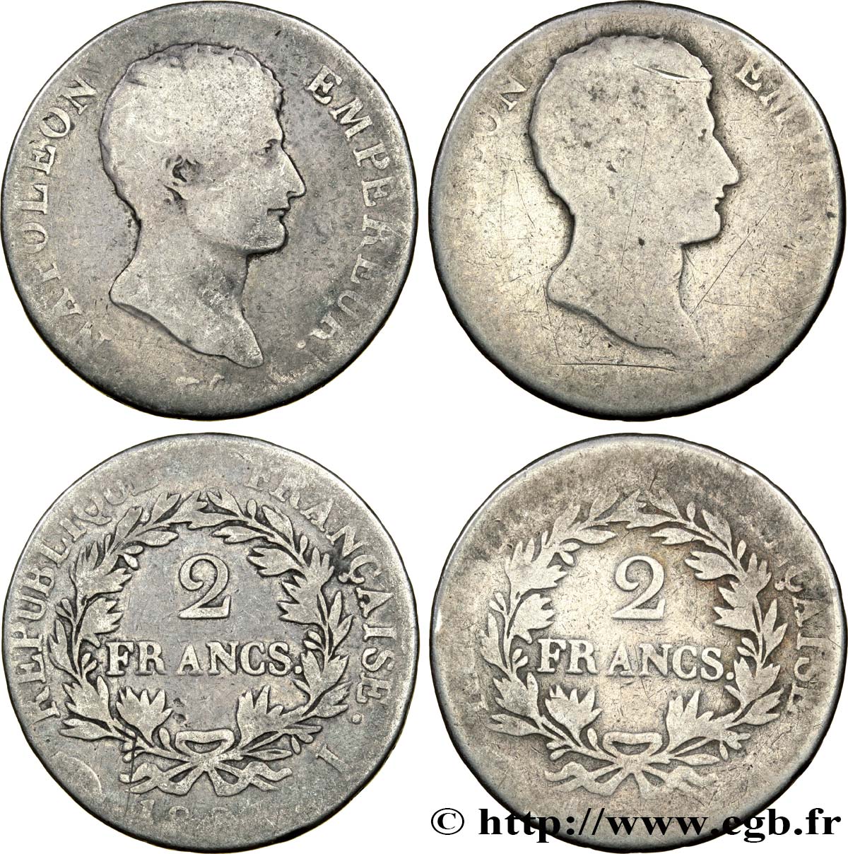 Lot de deux pièces de 2 francs Napoléon Empereur, Calendrier grégorien 1807 Limoges F.252/9 var. B/B+ 