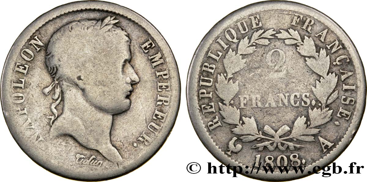 2 francs Napoléon Ier tête laurée, République française 1808 Paris F.254/4 B10 