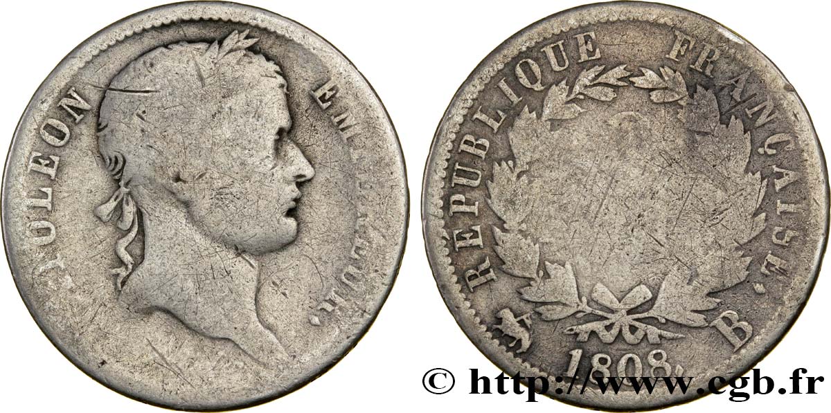 2 francs Napoléon Ier tête laurée, République française 1808 Rouen F.254/5 B6 