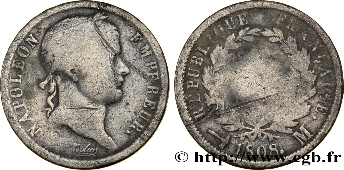 2 francs Napoléon Ier tête laurée, République française 1808 Toulouse F.254/9 q.B5 