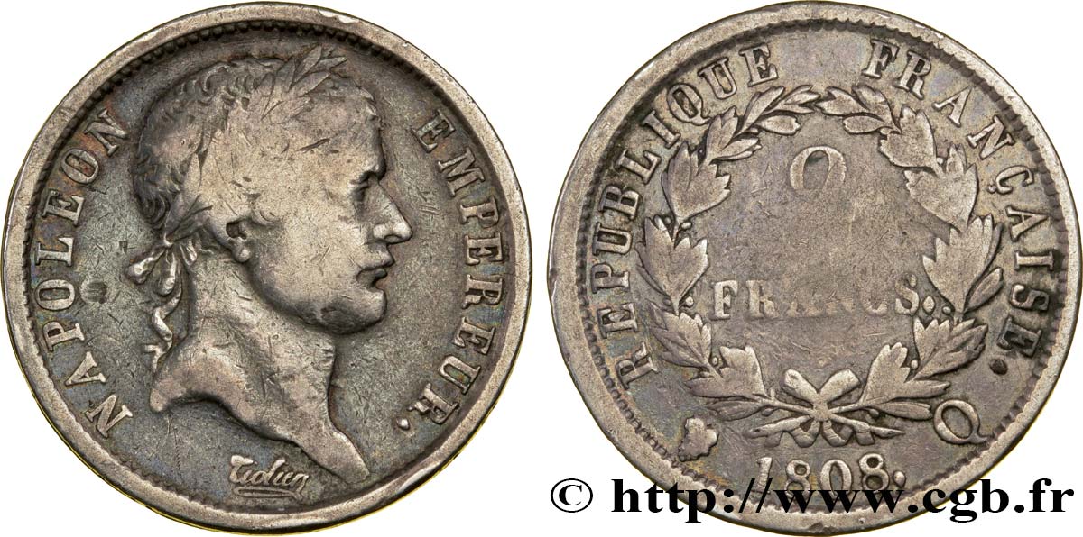 2 francs Napoléon Ier tête laurée, République française 1808 Perpignan F.254/11 B12 