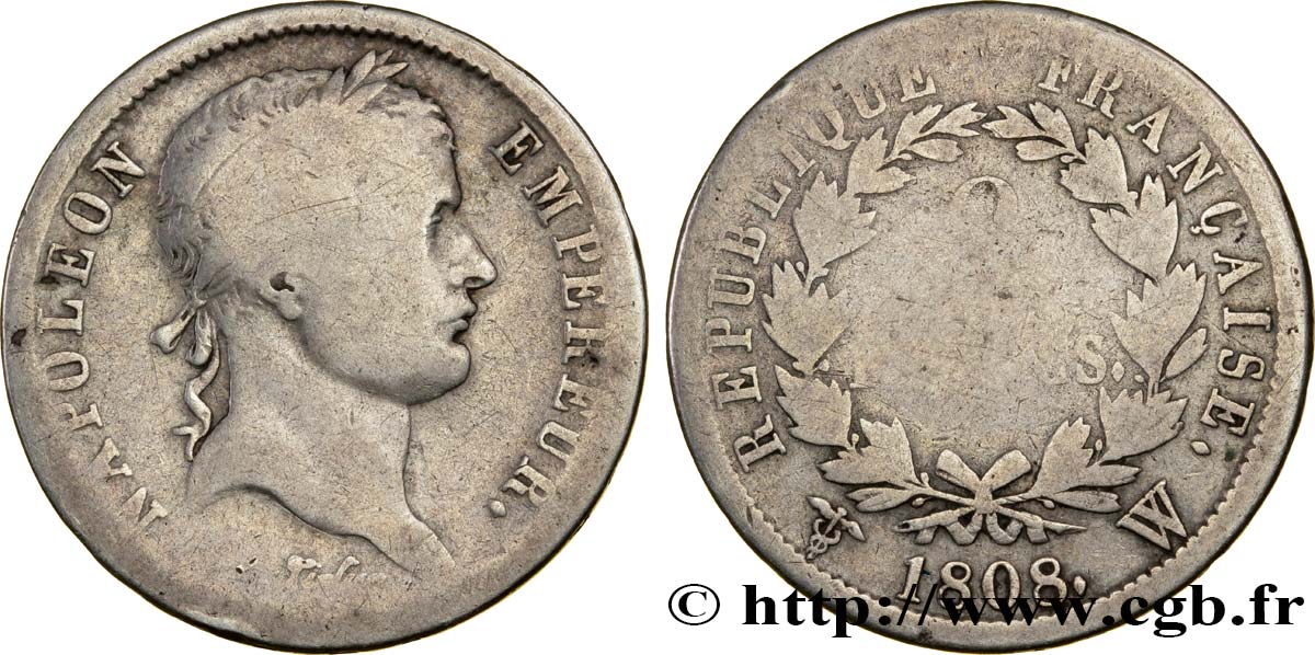 2 francs Napoléon Ier tête laurée, République française 1808 Lille F.254/13 VG10 
