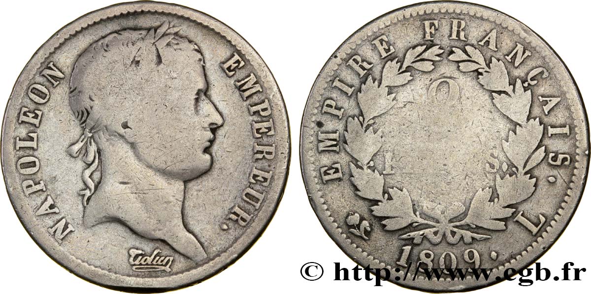 2 francs Napoléon Ier tête laurée, Empire français 1809 Bayonne F.255/5 VG10 