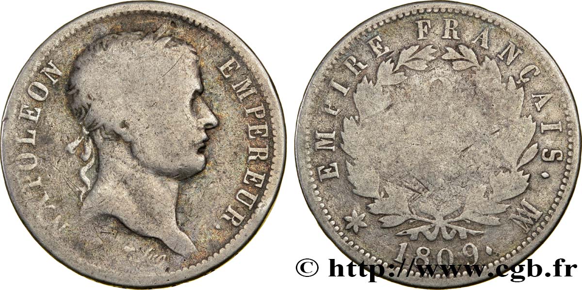 2 francs Napoléon Ier tête laurée, Empire français 1809 Marseille F.255/6 VG8 