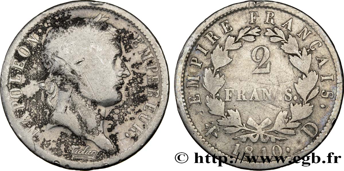 2 francs Napoléon Ier tête laurée, Empire français 1810 Lyon F.255/13 F12 