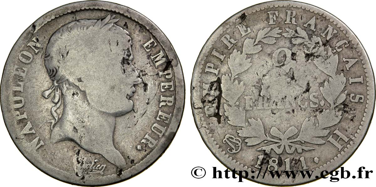 2 francs Napoléon Ier tête laurée, Empire français 1811 La Rochelle F.255/28 VG 