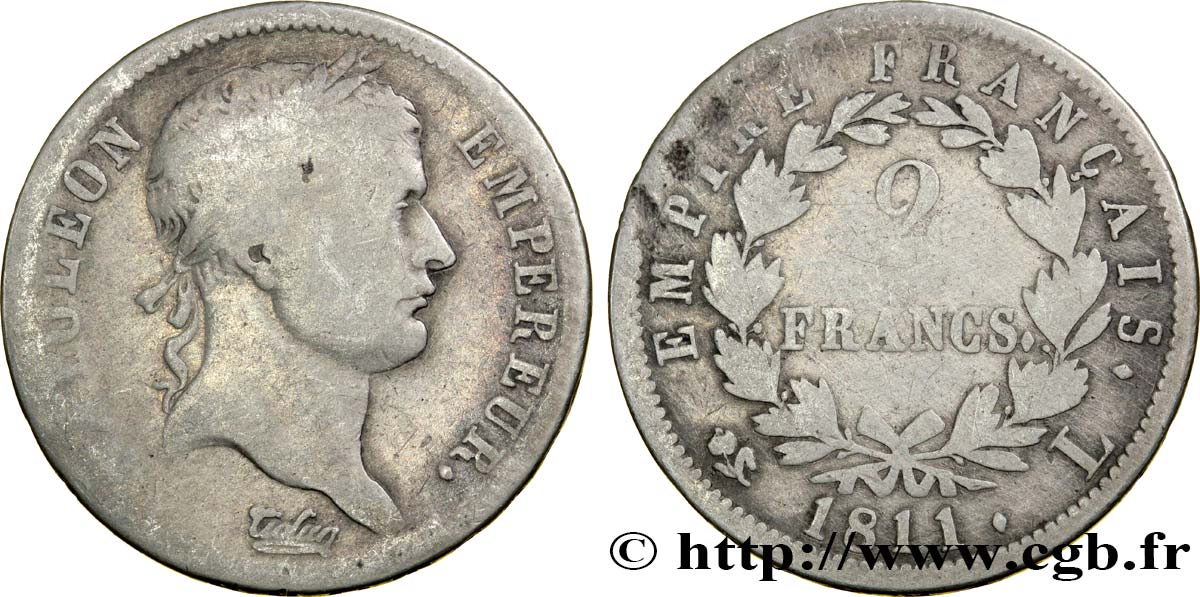 2 francs Napoléon Ier tête laurée, Empire français 1811 Bayonne F.255/31 F12 