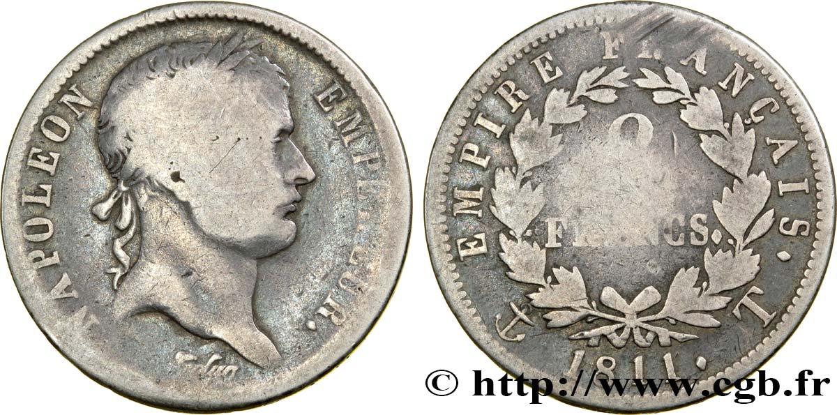 2 francs Napoléon Ier tête laurée, Empire français 1811 Nantes F.255/35 B10 
