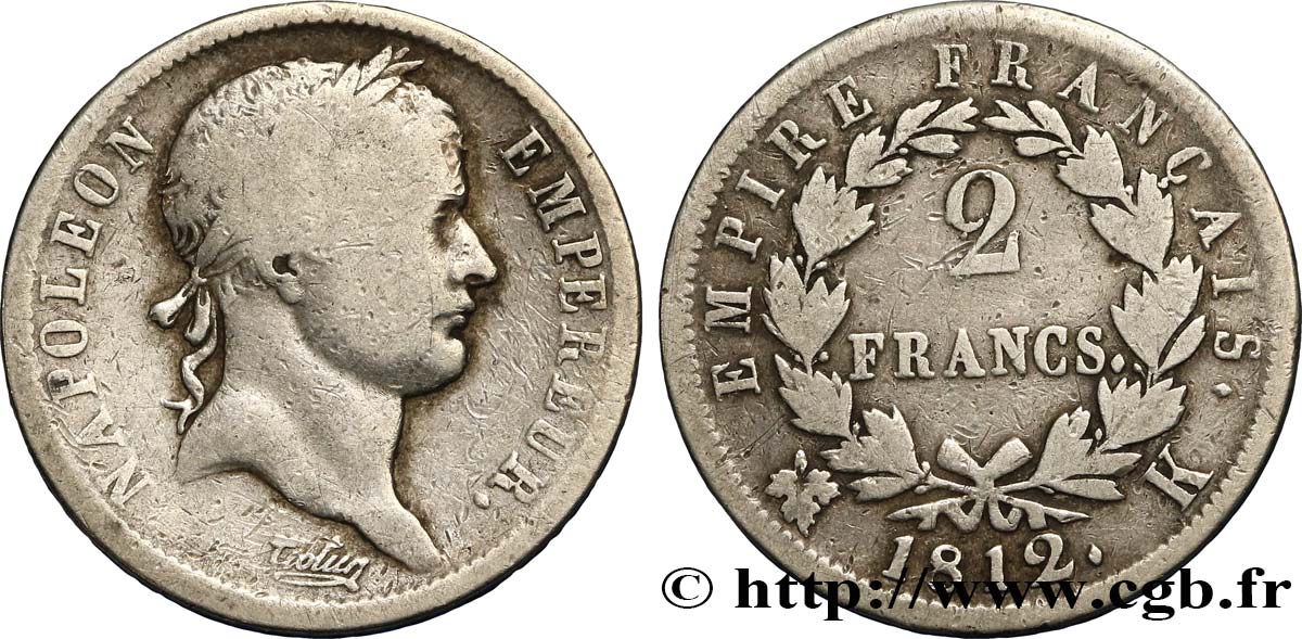 2 francs Napoléon Ier tête laurée, Empire français 1812 Bordeaux F.255/44 B12 