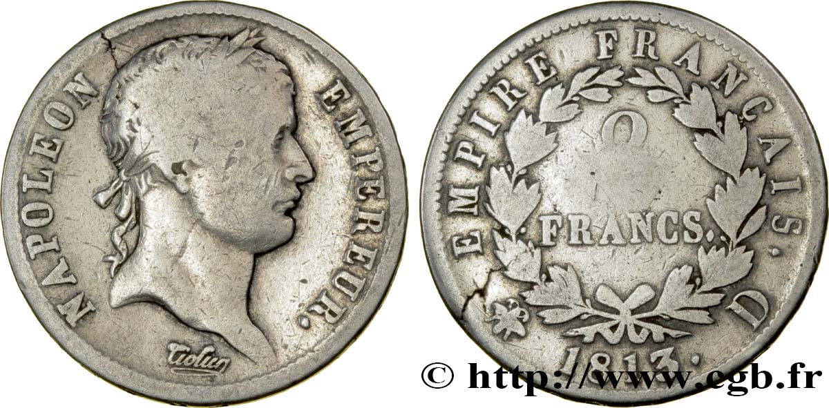 2 francs Napoléon Ier tête laurée, Empire français 1813 Lyon F.255/55 B12 
