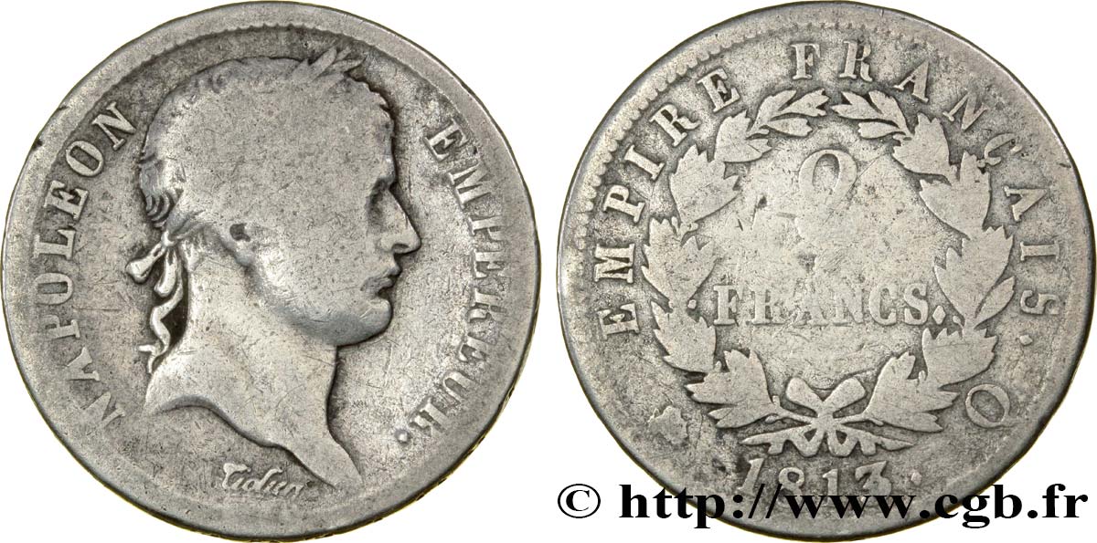 2 francs Napoléon Ier tête laurée, Empire français 1813 Perpignan F.255/62 F12 