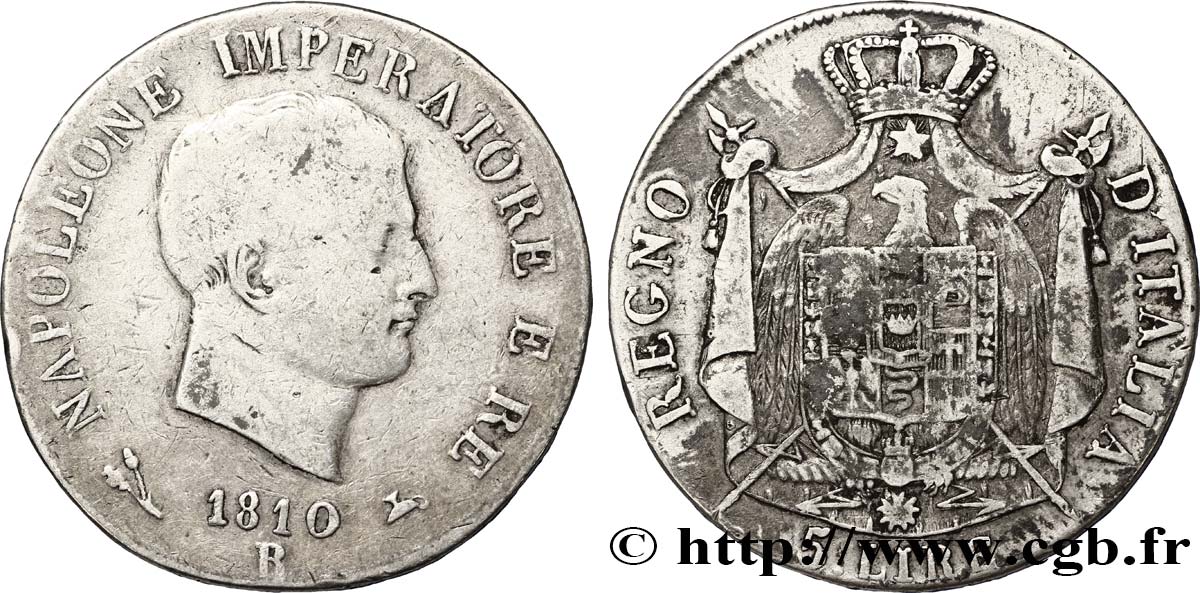 5 lire Napoléon Empereur et Roi d’Italie, 1er type, tranche en relief 1810 Bologne M.78  TB30 