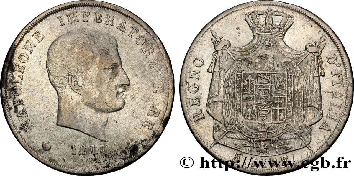 5 lire Napoléon Empereur et Roi d’Italie, 2ème type, tranche en creux 1811 Milan M.224 XF48