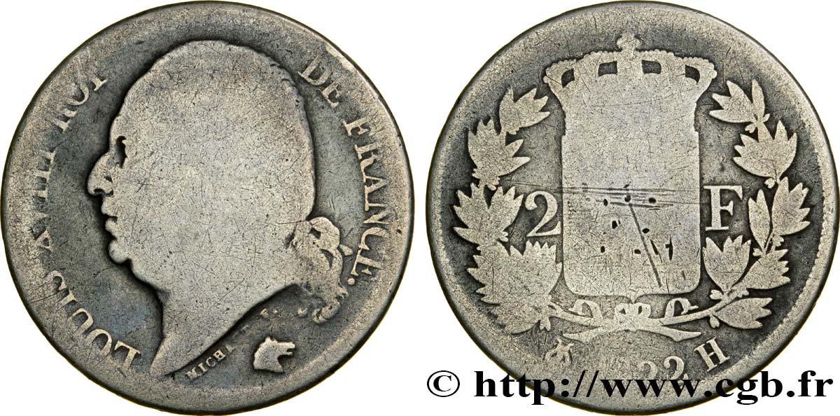 2 francs Louis XVIII 1822 La Rochelle F.257/39 G5 