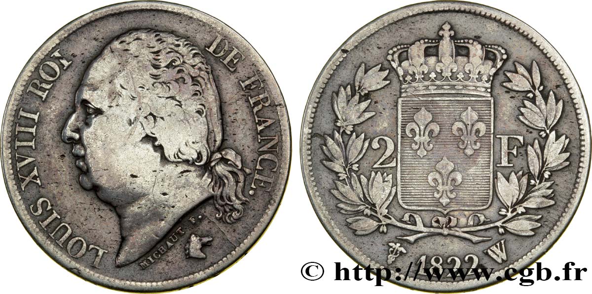 2 francs Louis XVIII 1822 Lille F.257/41 MB35 