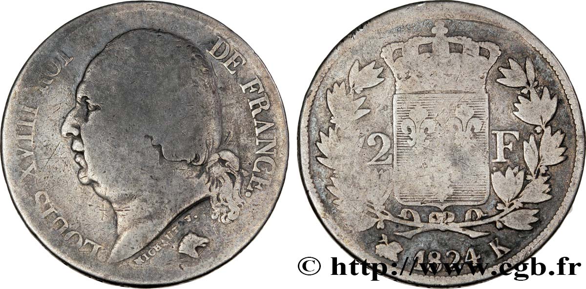 2 francs Louis XVIII 1824 Bordeaux F.257/57 VG10 