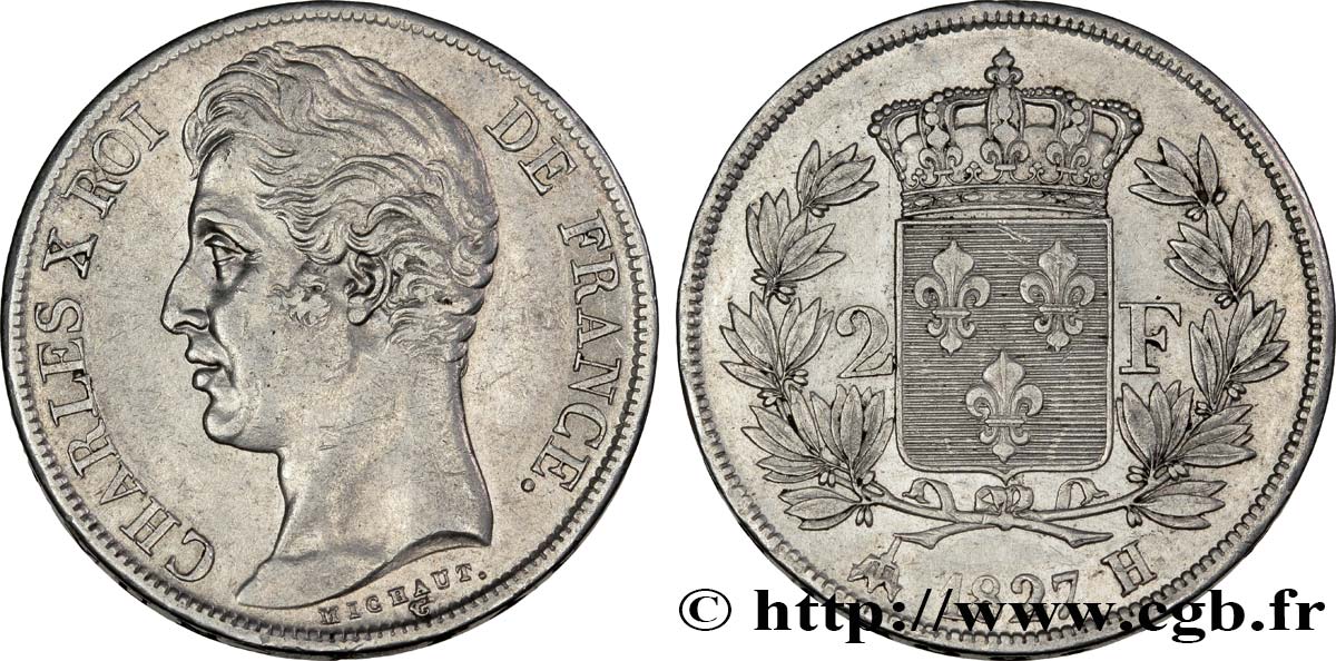 2 francs Charles X 1827 La Rochelle F.258/28 AU50 