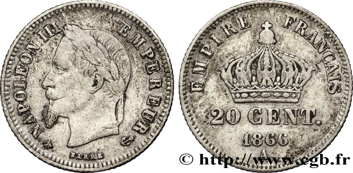 20 centimes Napoléon III, tête laurée, petit module 1866 Paris F.149/4 VF35 
