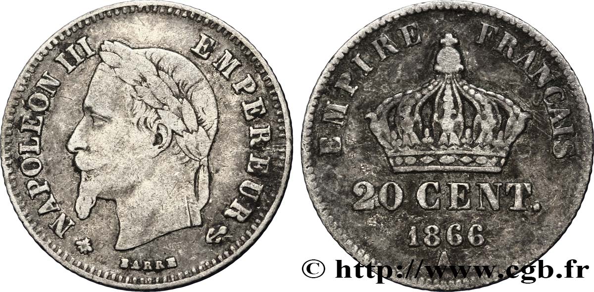 20 centimes Napoléon III, tête laurée, petit module 1866 Paris F.149/4 MB35 