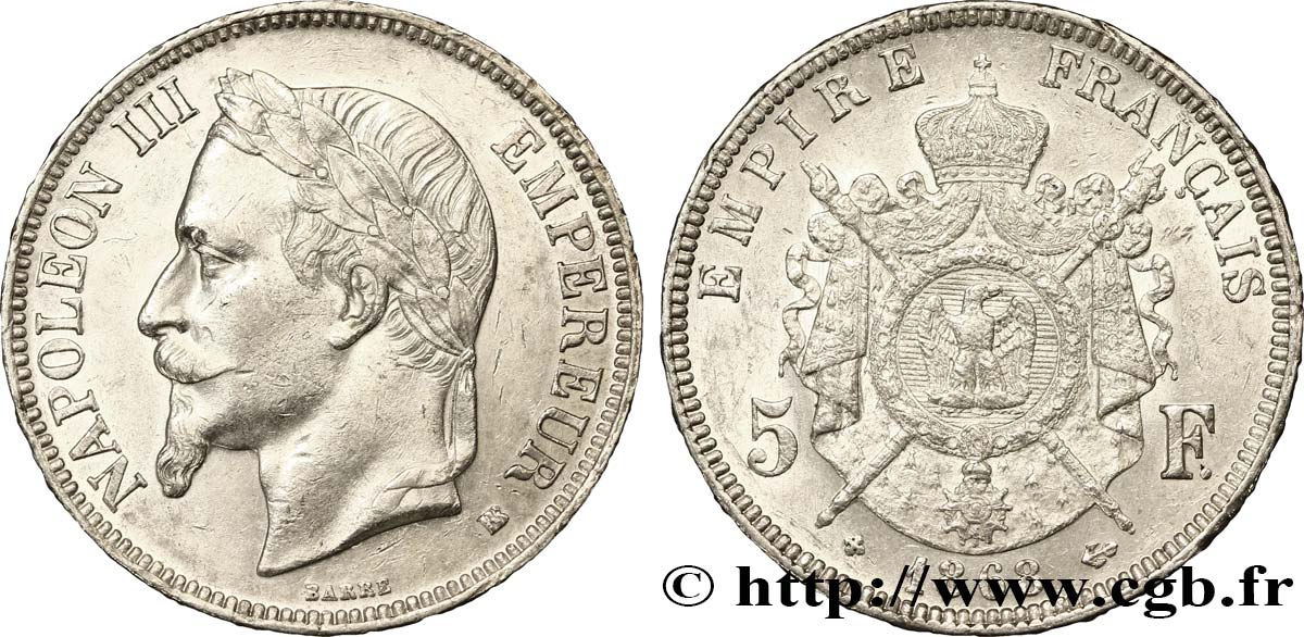 5 francs Napoléon III, tête laurée 1868 Strasbourg F.331/13 AU52 