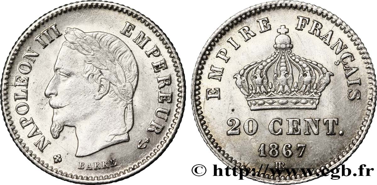 20 centimes Napoléon III, tête laurée, grand module 1867 Strasbourg F.150/2 VZ60