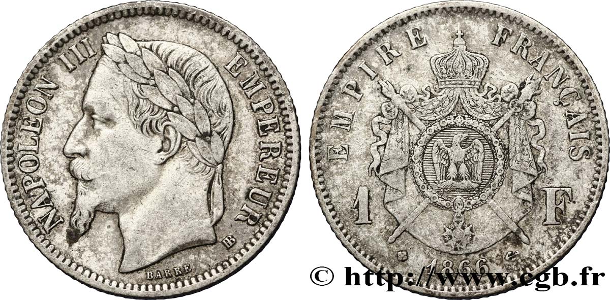 1 franc Napoléon III, tête laurée 1866 Strasbourg F.215/4 XF45