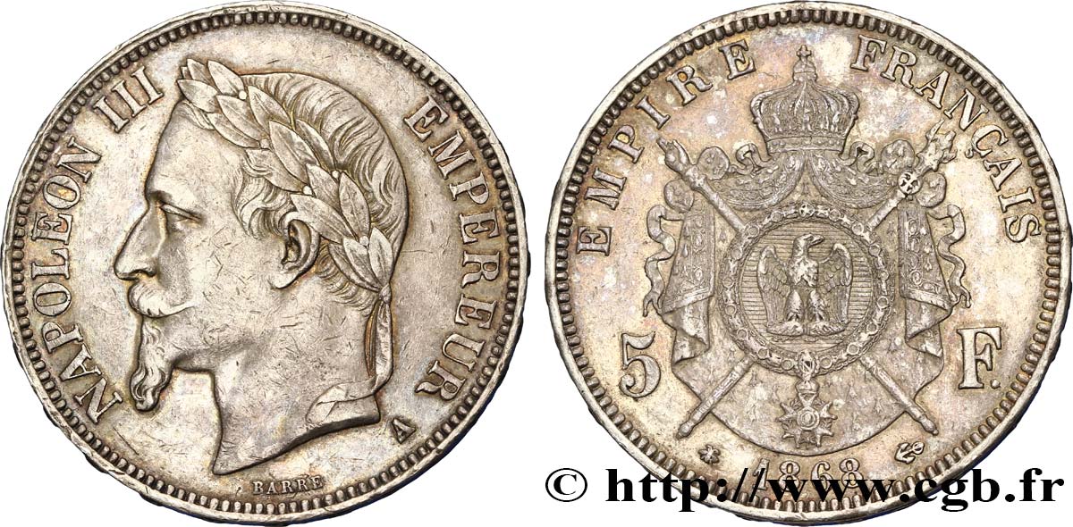 5 francs Napoléon III, tête laurée 1868 Paris F.331/12 AU50 