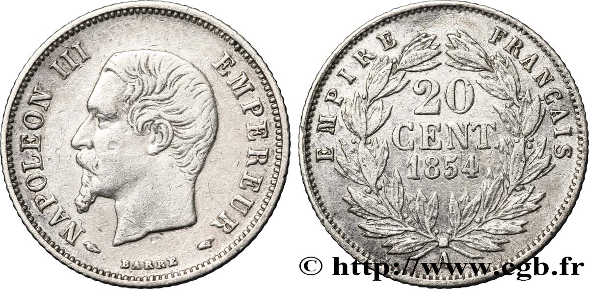 20 centimes Napoléon III, tête nue 1854 Paris F.148/2 TTB50 